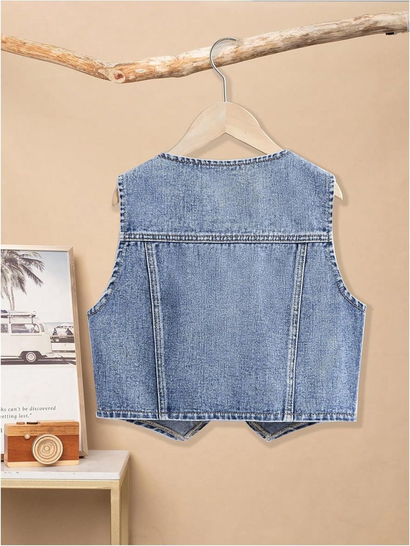 Floerns Girl's Button Down Denim Vest V Neck Sleeveless Asymmetrical Jean Jacket - Image 2